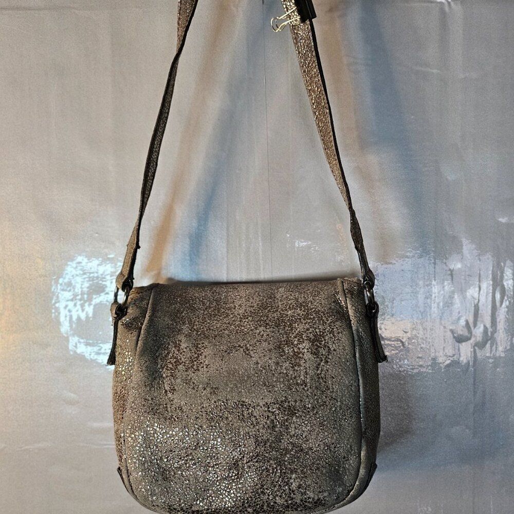 Yves St. Laurent Rive Gauche Pewter Leather Shimmer Crossbody Moto Bag - Picture 9 of 10